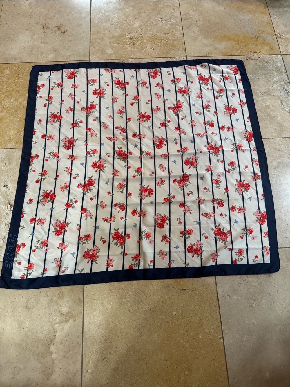 Parke Floral Stripe Silk-Feel Scarf in Navy and Red - Picture 3 of 4